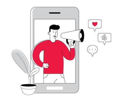 Blogging and Social Media Networking Concept. Man Blogger Character with Megaphone in Hands Stand at Smartphone Screen Broadcasting Streaming Post, Announcement Cartoon Flat Illustration vector