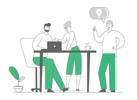 Creative Process in Office. Business People Stand at Desk Discussing Idea Concept with Light Bulb in Speech Bubble. Team Project Development, Teamworking Cartoon Flat Illustration, Line Art vector