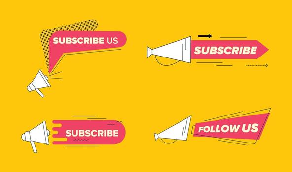 Follow Us and Subscribe Banners Set, Social Media Networks Logo in Line Art Style with Loudspeaker and Typography. Button,Counter Notification Image Symbol, Sign. Ui. Cartoon Flat Illustration vector