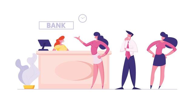People in Bank Stand at Operator Desk Waiting Turn for Making Financial Operations and Consulting. Woman Client Talking to Worker in Uniform. Customer at Counter. Cartoon Flat Illustration vector