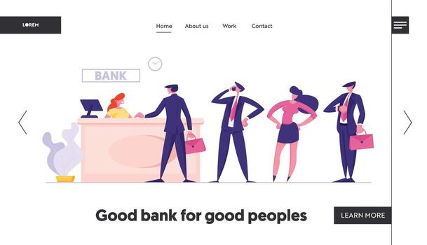 Credit Department Appointment Website Landing Page. Clients Standing in Queue Waiting Bank Worker Sitting at Desk Providing Services to Customers Web Page Banner. Cartoon Flat Illustration vector
