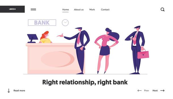 Queue in Bank Website Landing Page. Visitors in Bank Office Public Access to Financial Services. Worker Sit at Counter Desk Clients Waiting Consulting Web Page Banner. Cartoon Flat Illustration vector