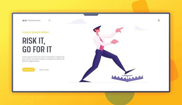Inexperienced Business Man Problem Ignorance, Searching Solution Website Landing Page. Blindfolded Businessman with Bandage on Eyes Step into Trap Web Page Banner. Cartoon Flat Illustration vector