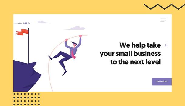 Career Boost and Task Solution Website Landing Page. Overcoming Obstacles and Business Competition, Businessman Pole Vaulting on Top of Rock with Flag Web Page Banner. Cartoon Flat Illustration vector