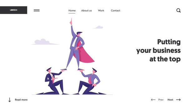 Corporate Leadership and Team Work Website Landing Page. Successful Manager in Super Hero Cloak Stand on Top of Pyramid with Finger Pointing Up to Sky Web Page Banner. Cartoon Flat Illustration vector
