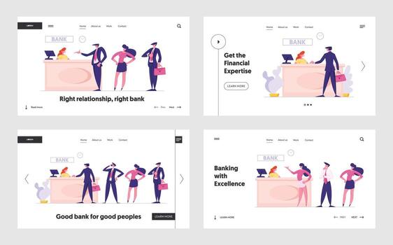 Customers at Bank Waiting Appointment Website Landing Page Set. Clients Stand in Queue. Bank Worker Sitting at Desk Providing Services to Customers Web Page Banner. Cartoon Flat Illustration vector