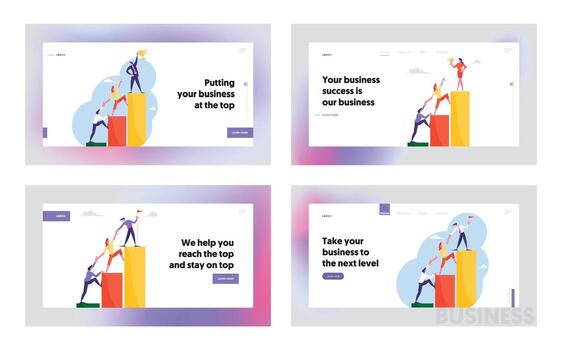 Career Ladder with Characters Team Work Website Landing Page Set. Businesspeople Holding Hands Going Up on Growth Chart Diagram, Business Challenge Web Page Banner. Cartoon Flat Illustration vector