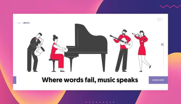 Orchestra Playing Classical or Jazz Concert Website Landing Page. Musicians with Instruments Perform on Philharmonic Scene, Live Music Web Page Banner. Cartoon Flat Illustration, Line Art vector