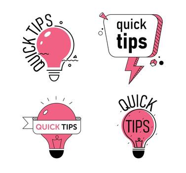 Quick Tips, Helpful Tricks Banners Set Isolated on White Background. Icons of Solution. Pink Light Bulbs and Speech Bubble with Text. Cartoon Flat Illustration in Line Art Style, Clip Art vector