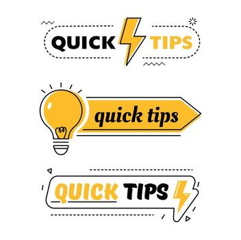 Set of Quick Tips, Helpful Tricks, Tooltip Hint for Website. Abstract Banners with Useful Information, Online Support Icons of Solution, Idea or Advice with Light Bulb Cartoon Flat Illustration vector