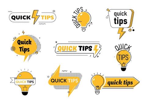 Quick Tips Set for Website or Blog Post. Helpful Tricks with Useful Information, Solution, Advice. Yellow Speech Bubble with Text Inscription and Light Bulb Cartoon Flat Illustration, Line Art vector