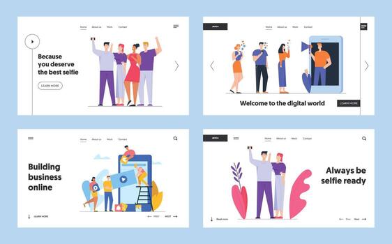 blogger hombre de influencia desarrollando móvil solicitud interfaz y selfie sitio web aterrizaje página colocar. social medios de comunicación blogueando, amigos fotografiando, ui ux aplicación web página bandera dibujos animados plano ilustración vector
