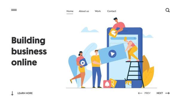 Designers Develop Application for Mobile Phone Website Landing Page. Business People Creative Team Putting App Icons on Huge Smartphone Screen Teamwork Web Page Banner Cartoon Flat Illustration vector