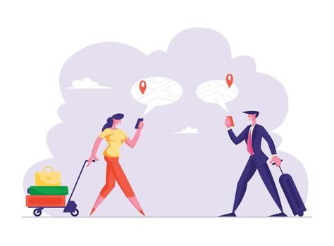 Navigation with Mobile App Concept. Man and Woman with Luggage Using Online Map and Gps Application on Smart Phone. Business People Searching Correct Way in City. Cartoon Flat Illustration vector