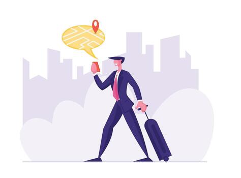 Businessman with Baggage Finding Right Place on Device Map for Travel or Tourism. Mobile Gps Navigation on Cellphone with Application. Smart Technologies Concept. Cartoon Flat Illustration vector