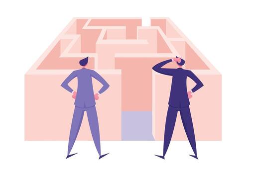 hallazgo solución, desafío y problema resolviendo concepto. confuso empresarios atascado a laberinto entrada, negocio socios pensando cómo a pasar difícil camino para éxito. dibujos animados plano ilustración vector