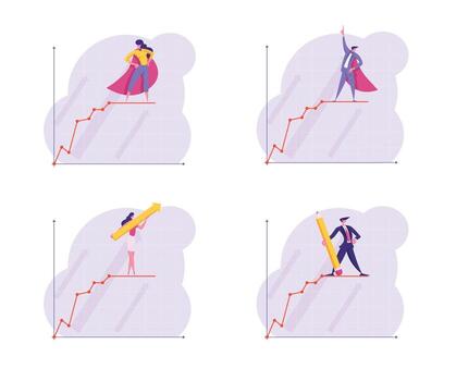 Set of Business People Stand on Top of Growing Business Chart Curve Line on Coordinate System. Growth Data Analysis Arrow Graph, Financial Profit Statistic Diagram. Cartoon Flat Illustration vector