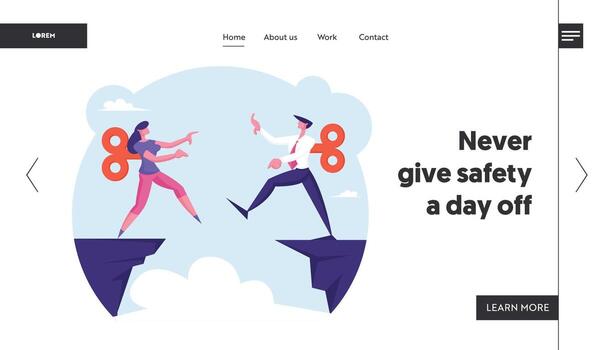 Manipulation, Leap of Faith Website Landing Page. Businessman and Businesswoman with Clockwork Mechanism on Back Step into Abyss, Searching Path Web Page Banner. Cartoon Flat Illustration vector