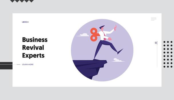 Crisis Management, Bankruptcy and Dept Website Landing Page. Puppet Businessman with Clockwork Mechanism on Back Take Step on Edge of Abyss, Danger Web Page Banner. Cartoon Flat Illustration vector