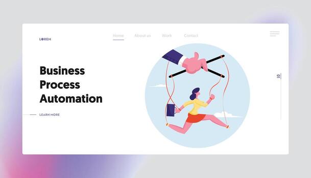 Puppeteer Hand Controlling Puppet Woman Like Doll Website Landing Page. Businesswoman Hanging on Strings Like Marionette Running to Office for Working Web Page Banner. Cartoon Flat Illustration vector