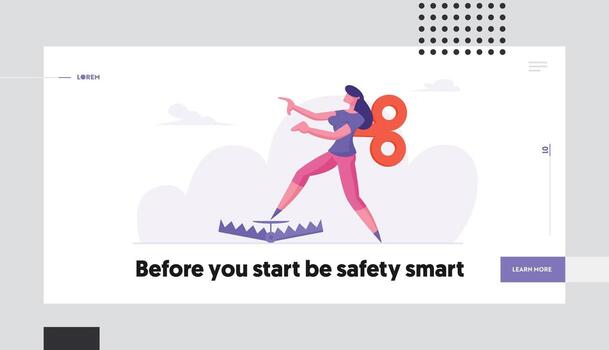 Risk Management and Business Manipulation Concept Website Landing Page. Harebrained Businesswoman with Clockwork Key on Back Step into Trap on Ground Web Page Banner. Cartoon Flat Illustration vector