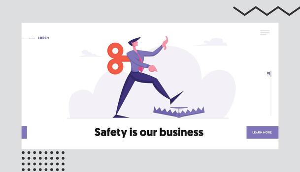 buscando solución sitio web aterrizaje página. empresario con aparato de relojería llave mecanismo en espalda paso dentro trampa. manipulado negocio hombre problema ignorancia web página bandera. dibujos animados plano ilustración vector