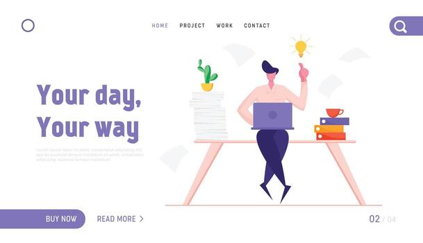 creativo idea sitio web aterrizaje página. empresario sentado a oficina escritorio con montón de carpetas y papel documentos trabajando ordenador portátil señalando a ligero bulbo web página bandera. dibujos animados plano ilustración vector