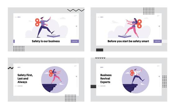 Office Employee Problem Ignorance Website Landing Page Set. Controlled Businesspeople with Clockwork Key Mechanism on Back Step into Abyss and Trap Web Page Banner. Cartoon Flat Illustration vector