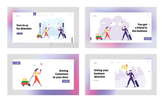 Businesspeople Use Navigation with Mobile App Website Website Landing Page Set. Web Page Banner. Travelers Use Map on Phone App Searching Route Location on Street Cartoon Flat Illustration vector