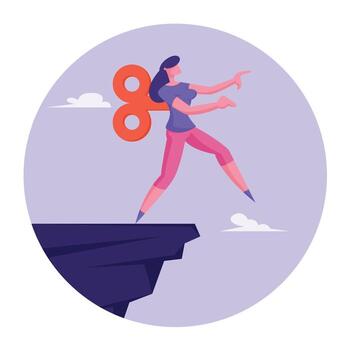 revisado mujer de negocios caminar apagado acantilado porque ella es herida arriba me gusta juguete robot con enorme aparato de relojería llave. negocio trabajo automatización, manipulación con oficina empleado. dibujos animados plano ilustración vector