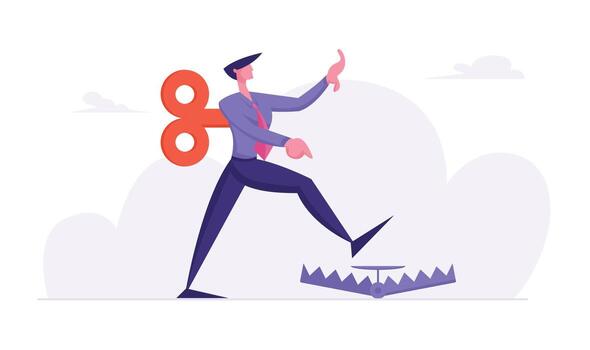 empresario en formal traje con aparato de relojería llave mecanismo en espalda paso dentro trampa en suelo. manipulado negocio hombre personaje problema ignorancia, buscando solución. dibujos animados plano ilustración vector