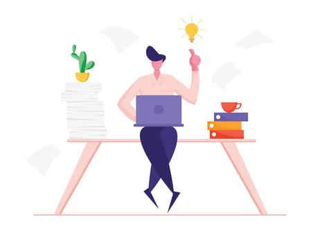 empresario sentado a oficina escritorio con montón de carpetas y papel documentos trabajando ordenador portátil participación índice dedo arriba señalando a brillante ligero bulbo teniendo creativo idea dibujos animados plano ilustración vector