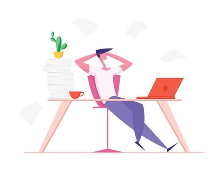 Lazy Office Worker with Hands behind of Head Sit in Office at Desk. Useless and Relaxing Man Doing Nothing or Taking Break from Work in Workstation Businessman Resting Cartoon Flat Illustration vector