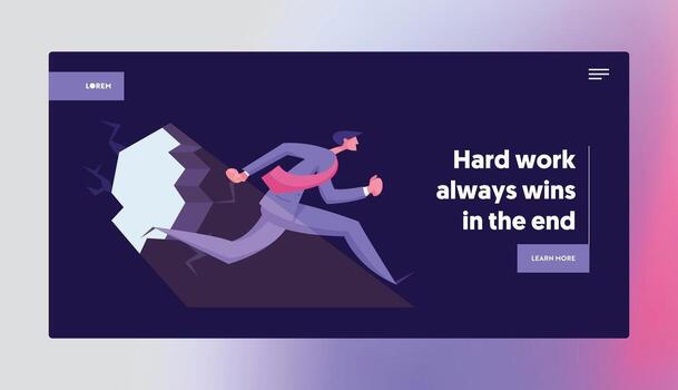 Overcoming Difficulties in Career Website Landing Page. Businessman Running Through Hole in Wall with Sun Light Falling on Floor. Business Solution Web Page Banner. Cartoon Flat Illustration vector