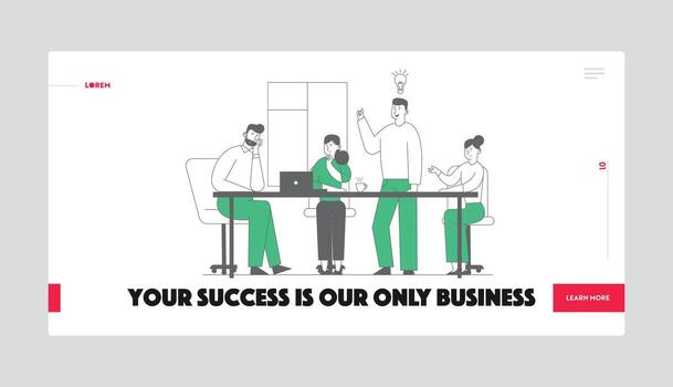 lluvia de ideas creativo proceso sitio web aterrizaje página. negocio personas que se discute idea concepto con ligero bulbo. equipo proyecto desarrollo, web página bandera. dibujos animados plano ilustración, línea Arte vector