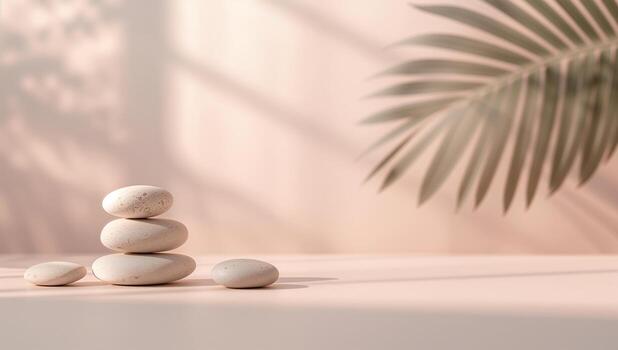Stones balanced on a surface with leaf shadow on a light pink background in a studio setup photo