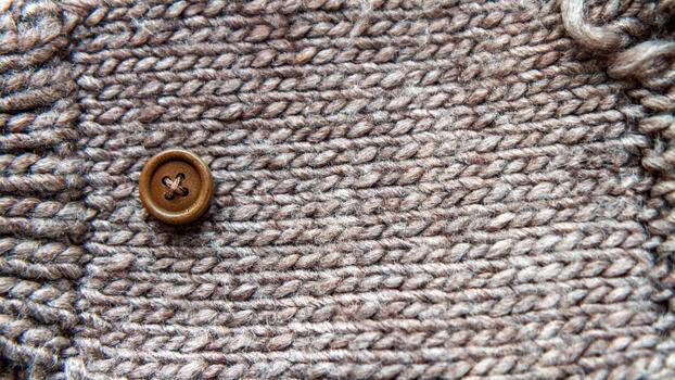 A close-up macro photo of a knitted wool texture with a brown button. The warm background is made of hand-woven fabric with a detailed fiber pattern and a cozy, natural texture.