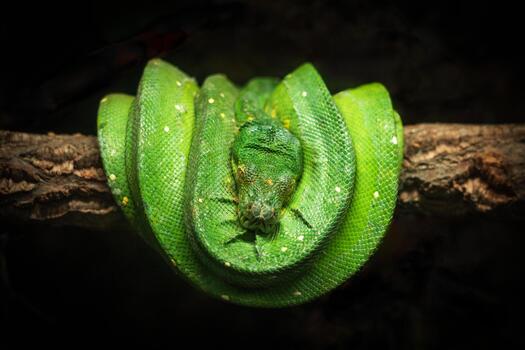 Green tree python is curled up on a branch. photo