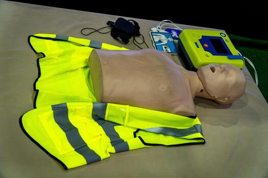 Manikin for training in chest compressions and ventilation CPR manikin and AED Automated External defibrillator. photo
