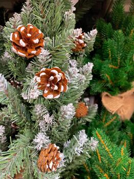Closeup view of faux evergreen tree decorated with realistic pinecones. Pinecones coated with white paint to resemble snow, adding festive touch. Cozy holiday display with lush greenery photo