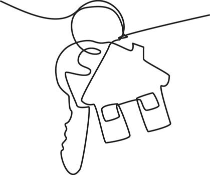 A single continuous line drawing depicts a key and a house shape, symbolizing home ownership. vector