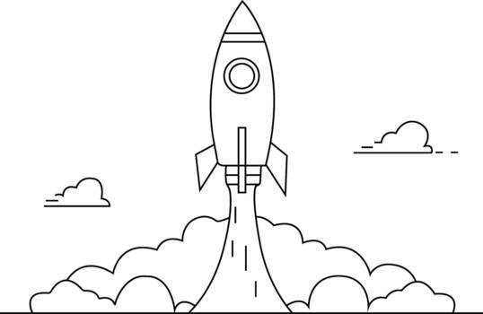 Minimalist rocket ship launching into the sky with clouds symbolizing ambition and progres vector