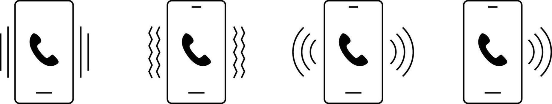 Four stylized icons of a smartphone with a call symbol and sound waves indicating an incoming call or notification. vector