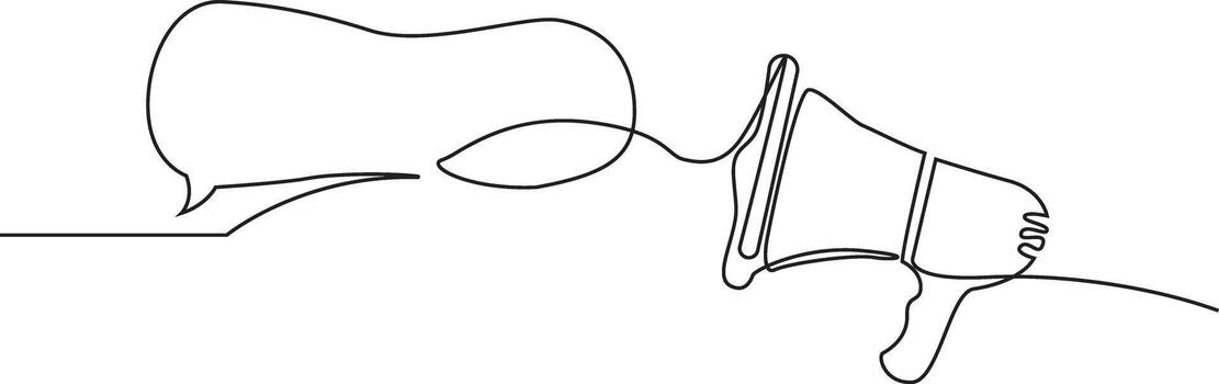 A continuous line drawing depicts a megaphone with a speech bubble, suggesting communication. vector