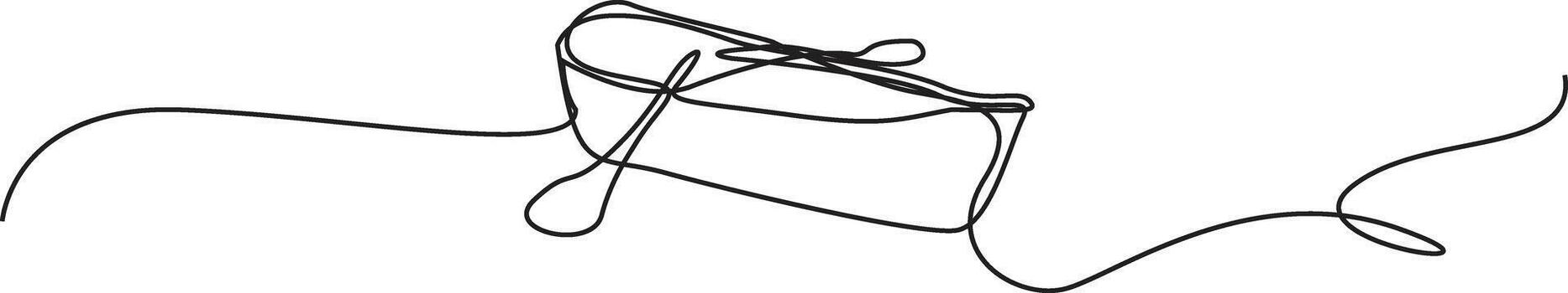 A minimalist, continuous line drawing of a canoe with paddles, suggesting movement on water. vector