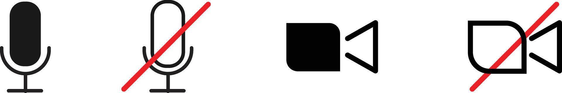 The image shows icons for microphone on and off, and camera on and off. vector