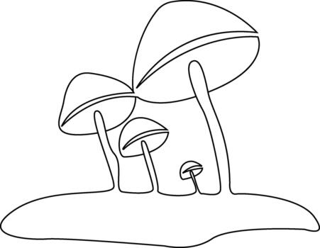 Minimalist mushrooms growing in a forest clearing depicted with a single continuous line vector