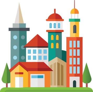 Stylized flat design city with varied architecture and trees vector