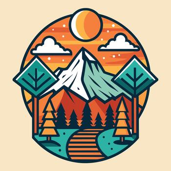 Circular Mountain Scene with Stylized Trees and Path vector