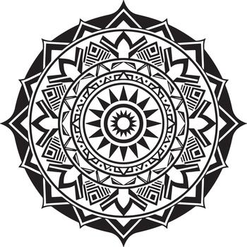 Intricate circular mandala design with geometric patterns and sun motif in black and white vector